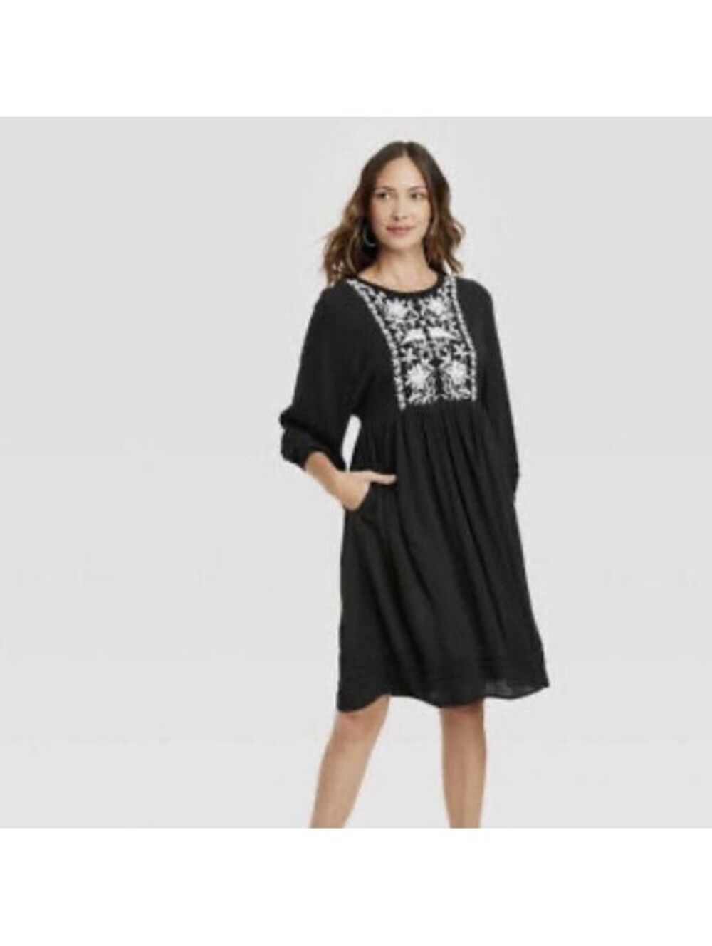 Knox Rose Black Gauze White Embroidered Floral Bird Peasant Boho Dress Size L